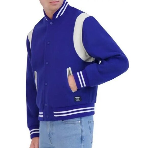 NWT HUDSON Mens Wool Varsity Bomber Jacket M Royal Blue Ivory Faux Leather $248 - Picture 2 of 13